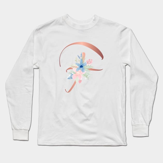 Letter F Rose Gold and Watercolor Blush Pink and Navy Long Sleeve T-Shirt by Harpleydesign